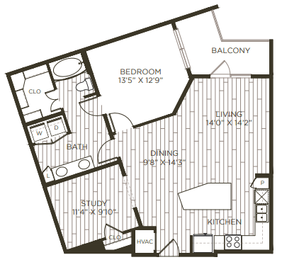 1 bedroom 1 bathroom floor plan J at Station at Old Town, Lewisville, Texas